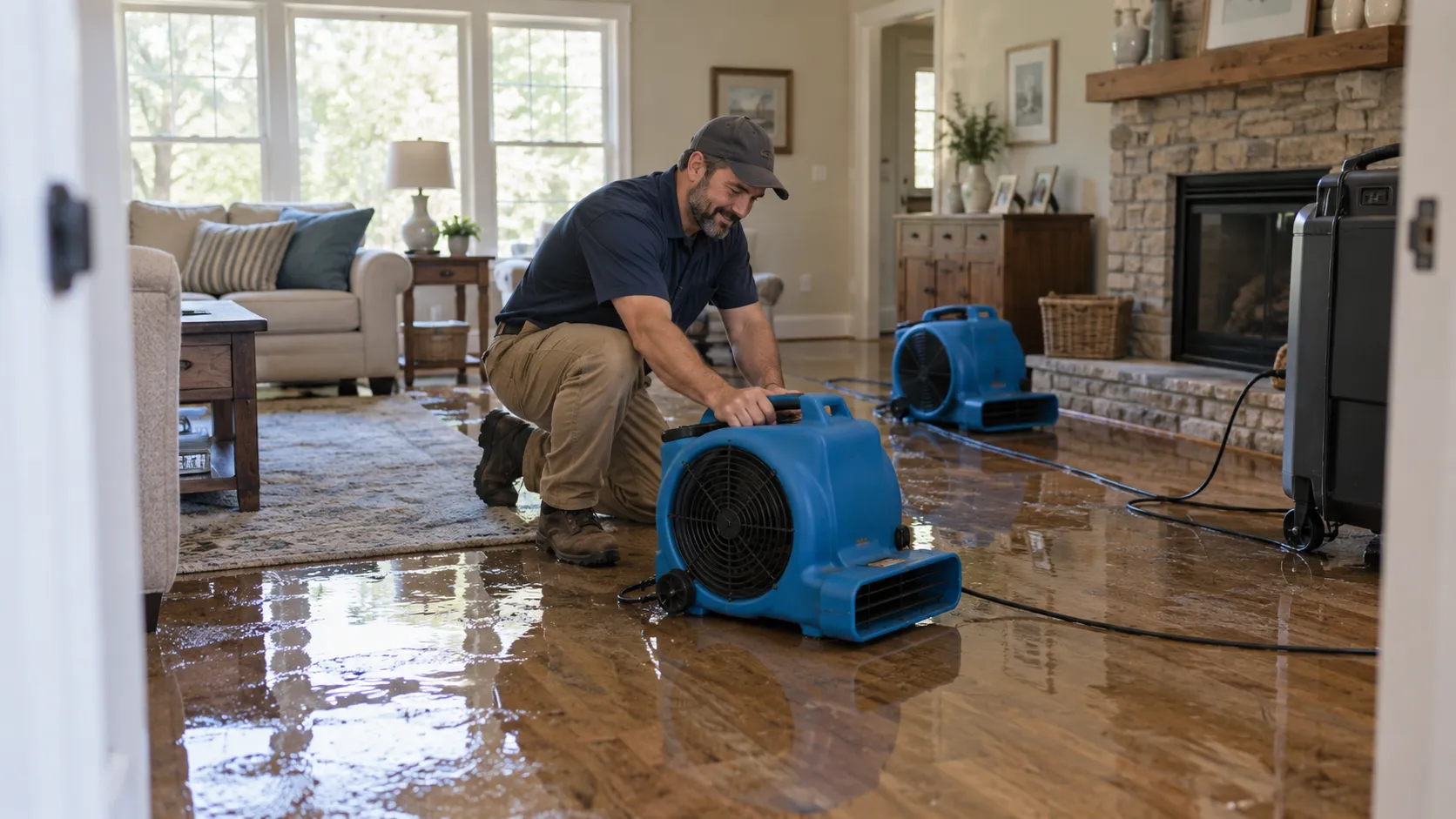 Water damage restoration technician drying a flooded living room in Albany